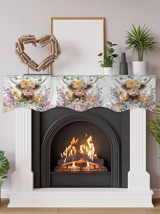 Spring Cow Floral Fireplace Mantel Scarf Table Runner, Green Eucalyptus Leaves Botanical Winter Garland Mantel Top Tablerunners Dresser Scarves Cover for Windows Party Living Room 60''x17''