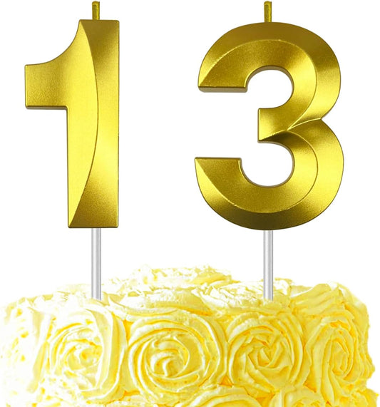 Gold Number 13 Candles, 3D Diamond 2.76 Inch Cake Topper Birthday Candles for Wedding Anniversary Cake Decorations, Happy Birthday Party Decorations