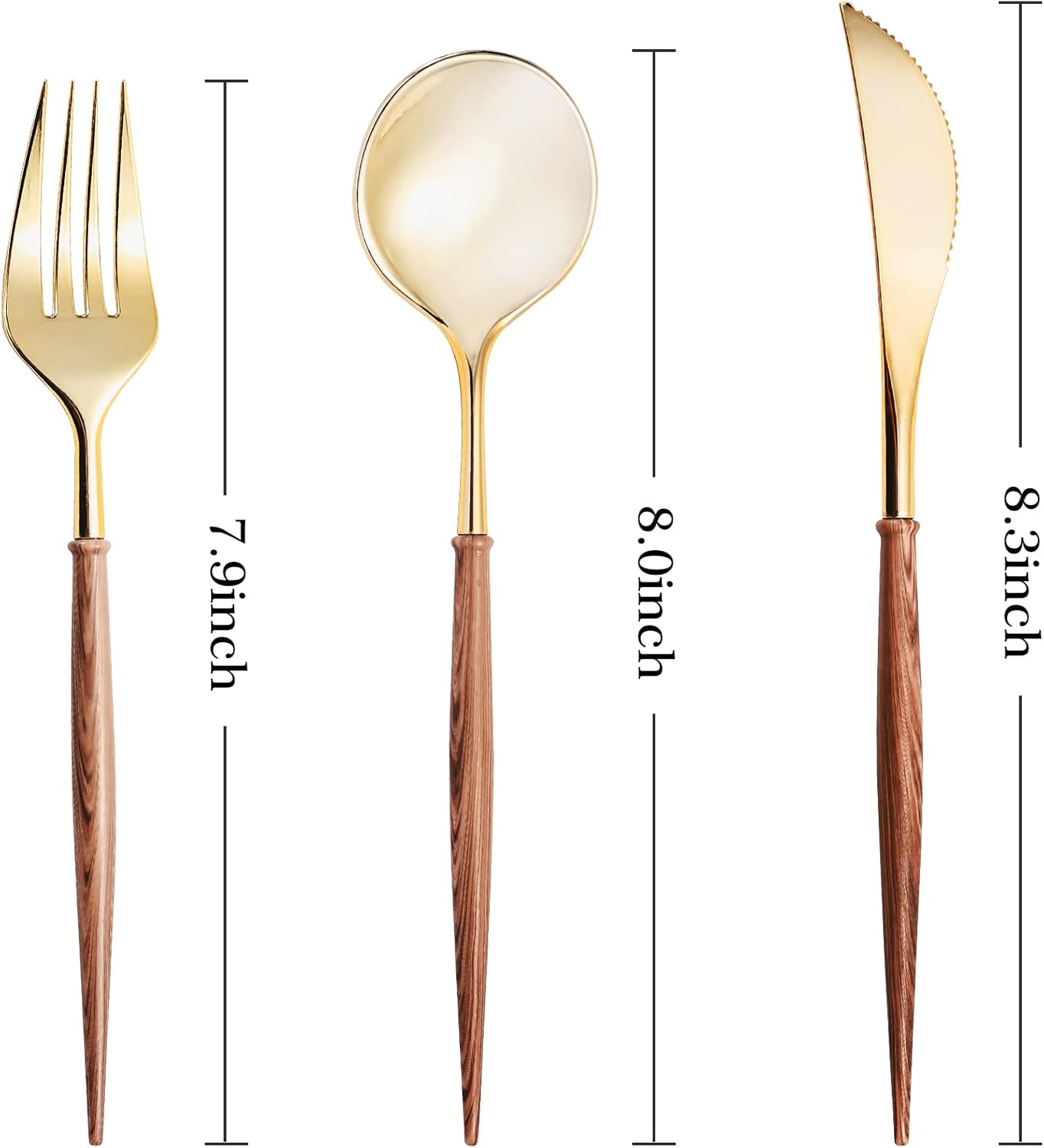 Lullaby 240PCS Gold Plastic Silverware, Gold Disposable Cutlery with Wood Grain Handle Include 80 Forks, 80 Spoons, 80 Knives, Elegant Disposable Silverware for Wedding, Party, Gathering, Daily Use