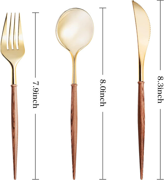 Lullaby 60pcs Gold Plastic Silverware, Gold Disposable Cutlery with Wood Grain Handle Include 20 Forks, 20 Spoons, 20 Knives, Elegant Disposable Silverware for Wedding, Party, Gathering, Daily Use