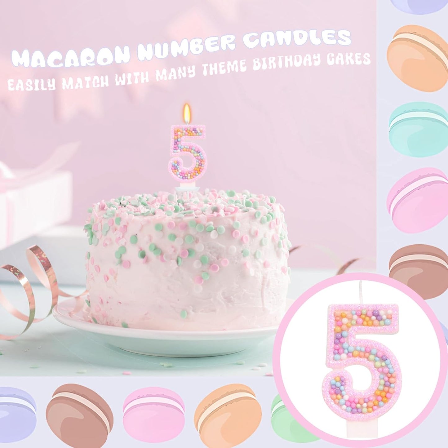Birthday Candles for Girls - Number 5 Candle, Colorful Macaron Candles, 5 Cake Topper Cake Decorations, 5th Birthday Decorations Girl, Theme Birthday Party Supplies (Pink)