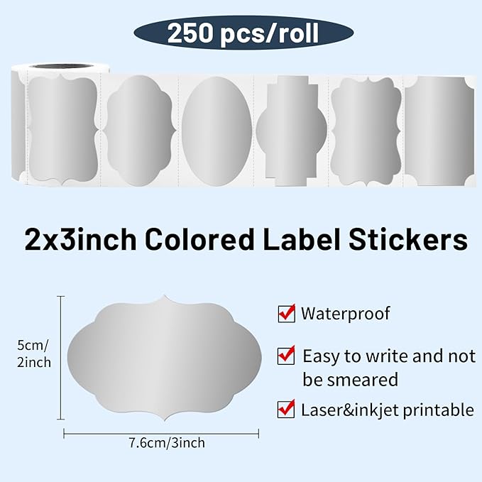 Yeachlaing Silver Labels, 250 Pcs 2" x 3" Fancy Shape Stickers for Storage Box, Food Jars, Gift Tags