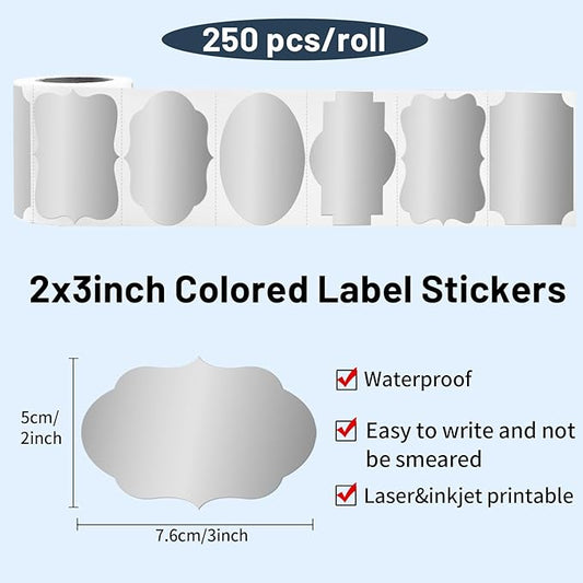 Yeachlaing Silver Labels, 250 Pcs 2" x 3" Fancy Shape Stickers for Storage Box, Food Jars, Gift Tags
