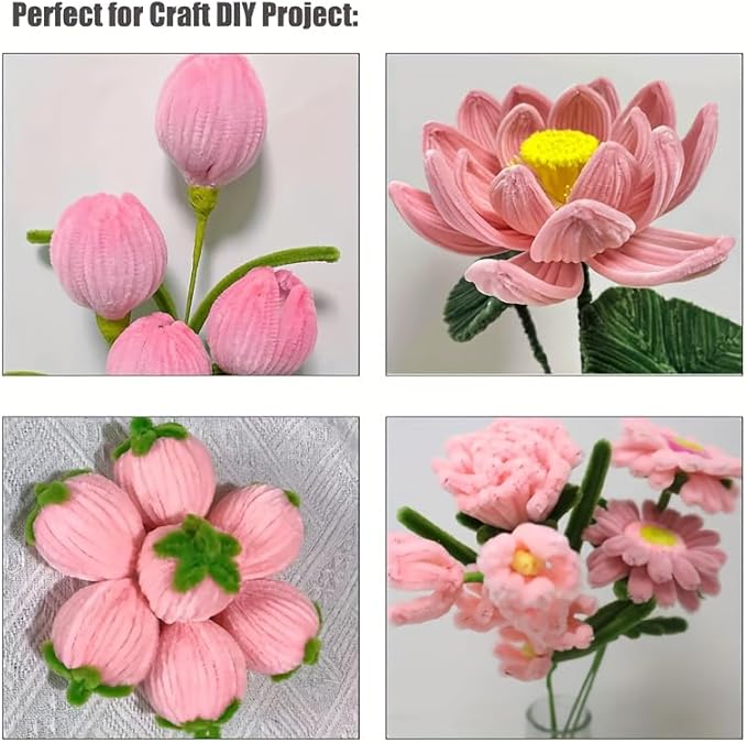 AHAMETON 620-Piece Pink Pipe Cleaner Complete Craft Kit - Enhanced Set with Flower Stems, Tape Rolls, Ribbon & Greeting Card for DIY Wedding Bouquets, Gift Projects