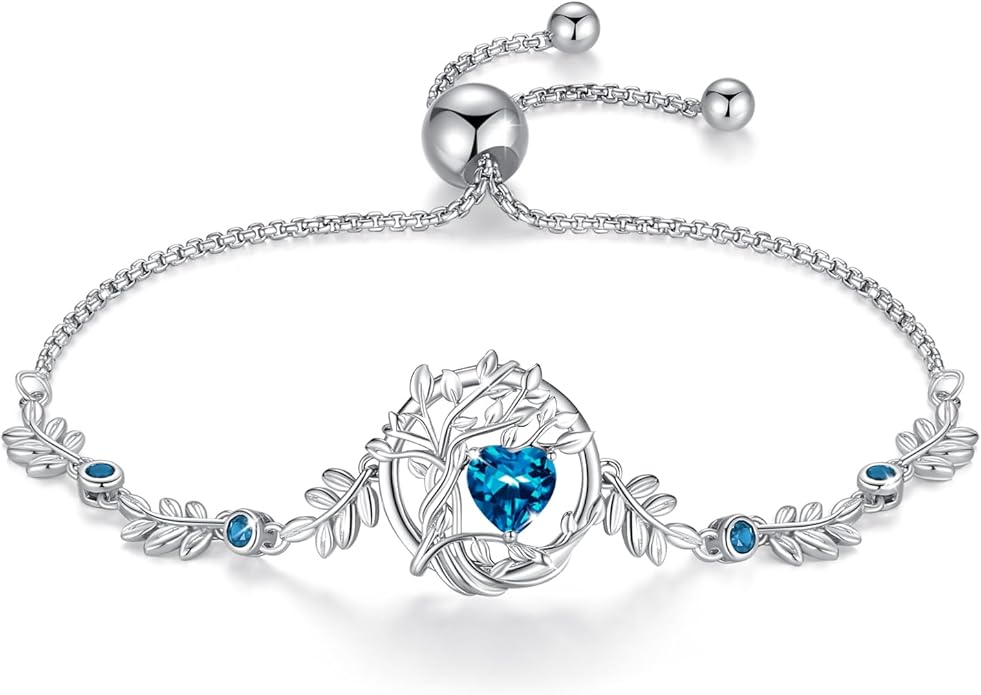 FANCIME Valentines Day Gift Tree of life Birthstone Bracelet for Women Sterling Silver Tree Jewelry Birthstone Charm Bracelet Gemstone Anniversary Birthday Gifts for Wife Mom Her