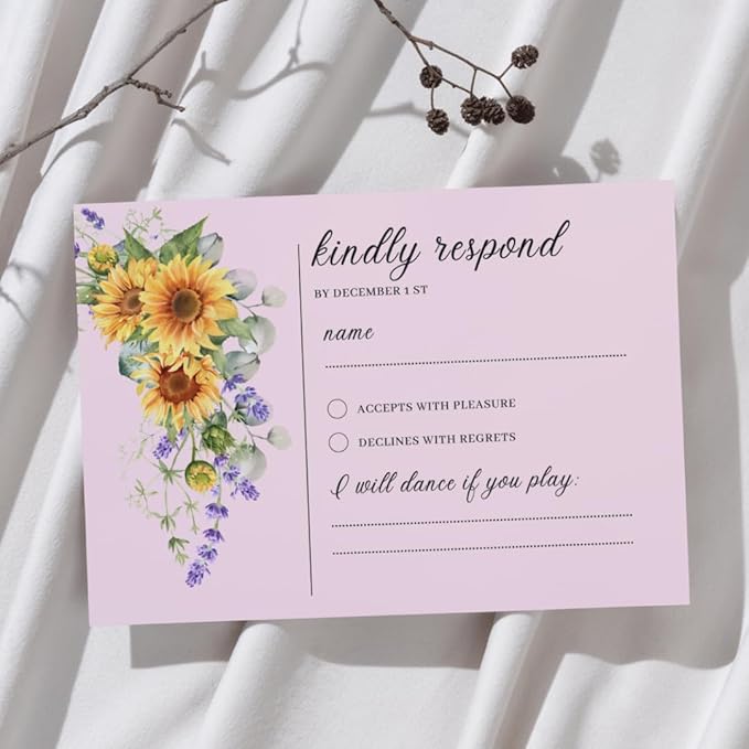 Preprinted Purple and Yellow Sunflower Wedding or Party RSVP Cards, Personalized Response Card Glossy Finish With White Envelopes, Set of 15 with Envelope, 5x3.5 inch Cards (Pink)