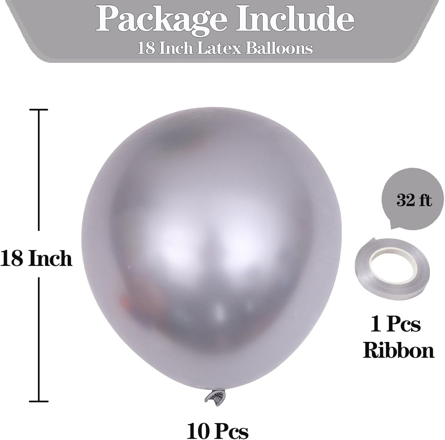 10pcs 18 inch Metallic Silver Balloons, Thick Latex Chrome Helium Balloons for Birthday Family Party Wedding Party Baby Shower Decoration Supplies