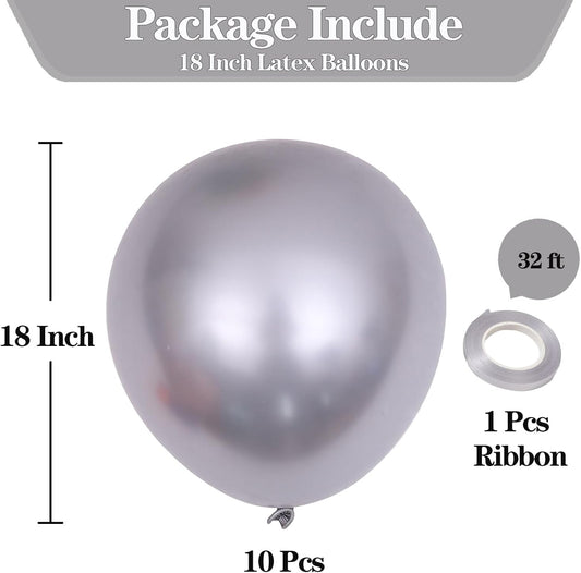 10pcs 18 inch Metallic Silver Balloons, Thick Latex Chrome Helium Balloons for Birthday Family Party Wedding Party Baby Shower Decoration Supplies