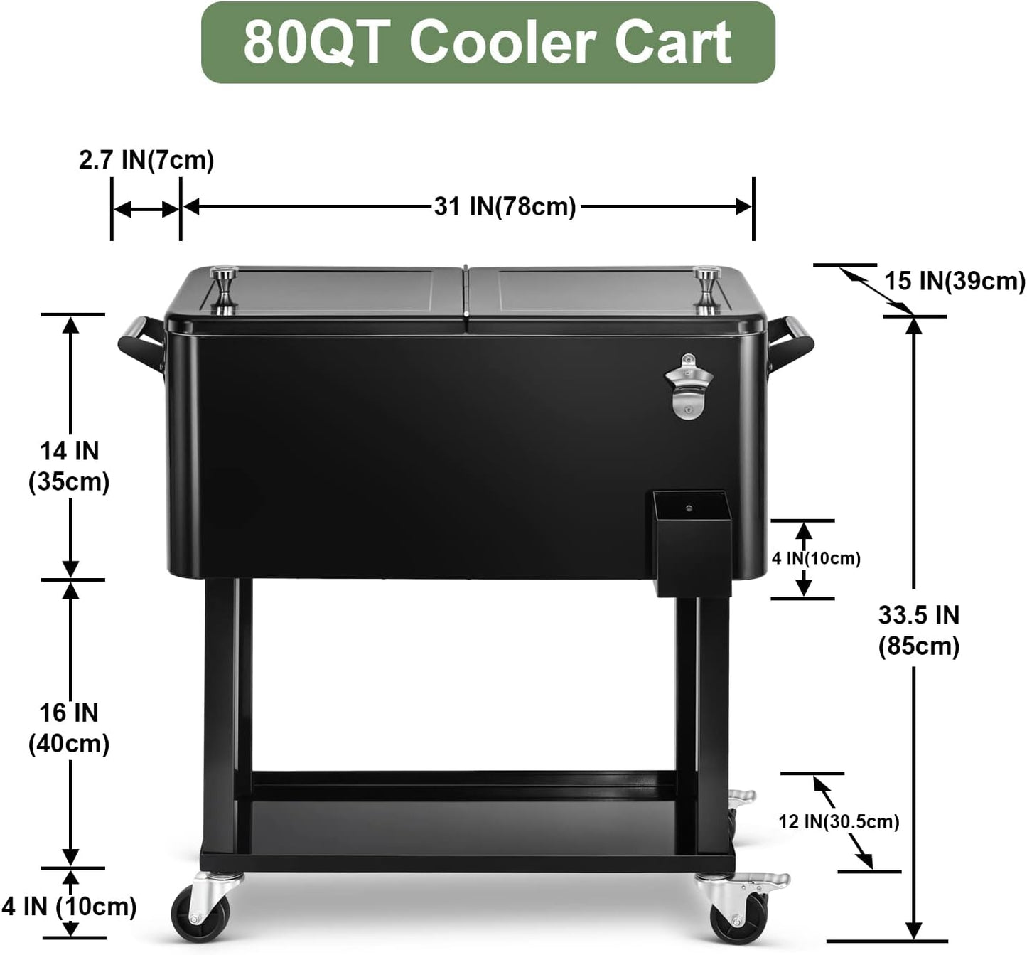 EDOSTORY 80 Quart Rolling Ice Chest Cooler Cart,Patio Backyard Party Drink Beverage Bar Stand Up Cooler Trolley with Ice Scoop