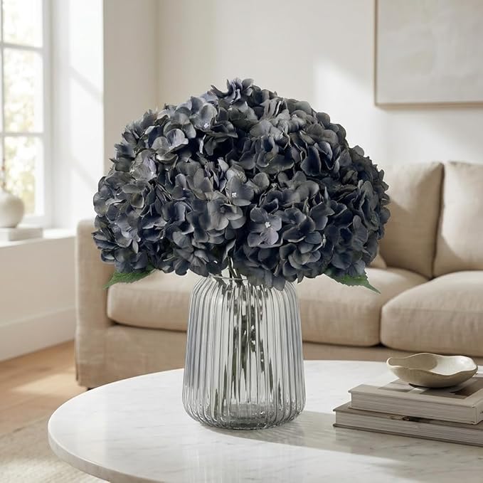 2Bouquets Artificial Fake Flowers Plants Silk Hydrangea Arrangements Wedding Bouquets Decorations Plastic Floral Home Kitchen Garden Party Festival Bar DIY (Gray,5 Flower Heads)