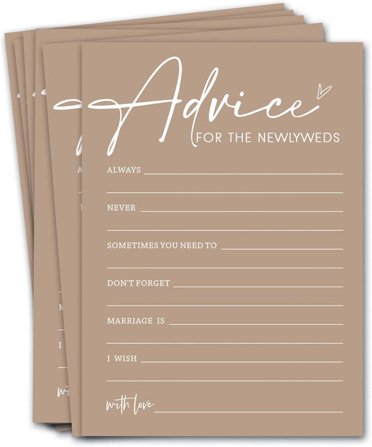 Bridal Shower Advice Cards for Newlyweds - 25 Guests Engagement Party Game, Minimalist Brown Wedding Party Supplies - D01