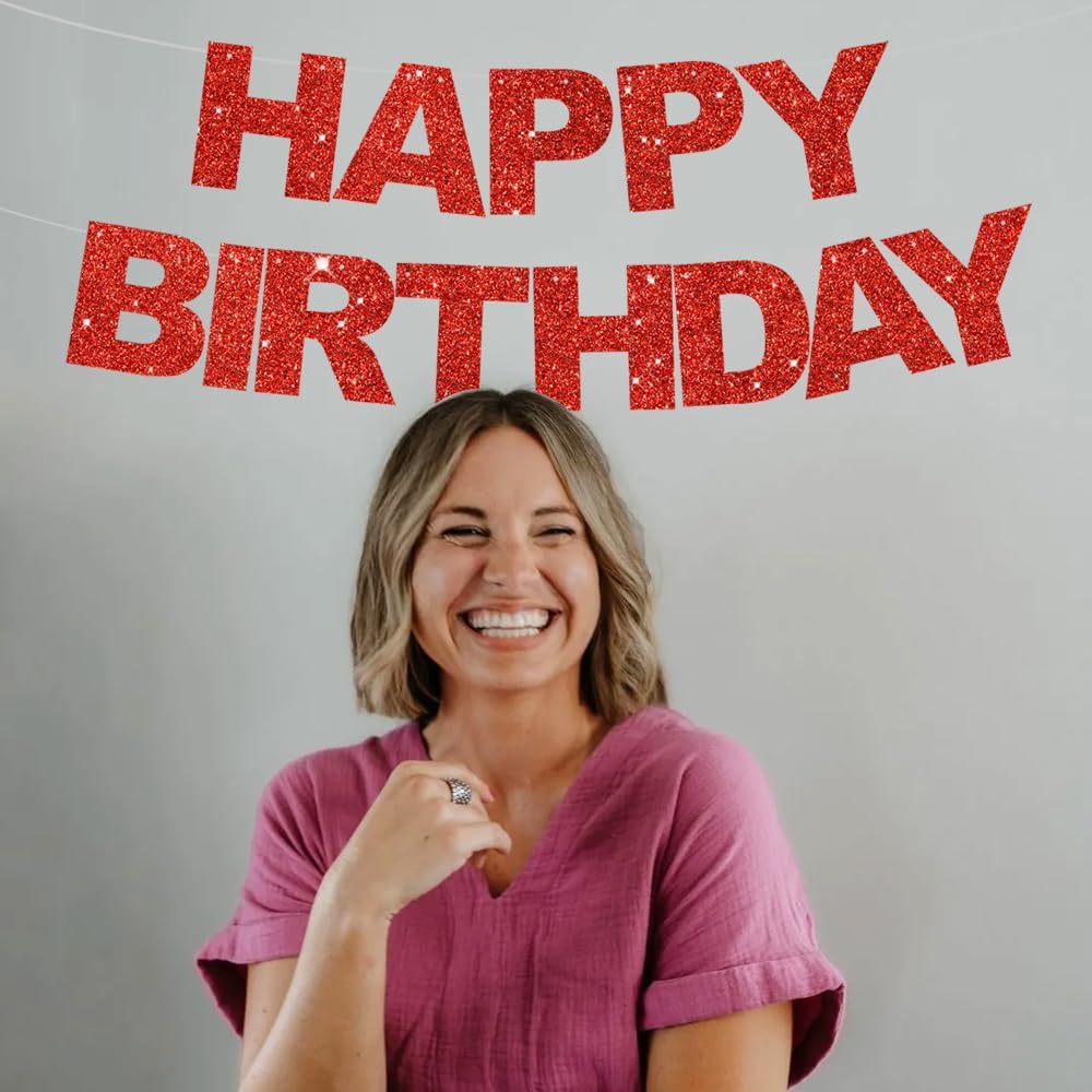 BEISHIDA Red Happy Birthday Banner - Pre-Strung, No DIY, Birthday Sign - Banner for Women, Kids Decor, Backdrop