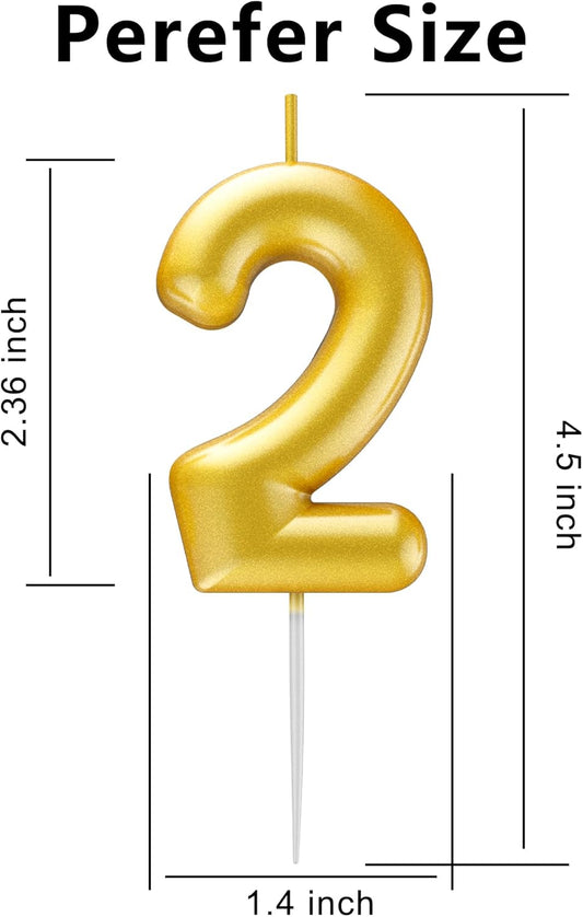 Gold Number 2 Candle Happy Birthday 3D Number Candles for Birthday Cake Party Decoration Wedding Anniversary Celebration Supplies
