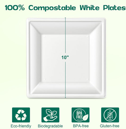 Square Paper Plates 10 Inch [100-Pack] Compostable Eco Friendly Disposable Plates Heavy Duty, Biodegradable Recycled Bagasse Plates, Large Paper Dinner Plates, Sturdy White 10" Plate
