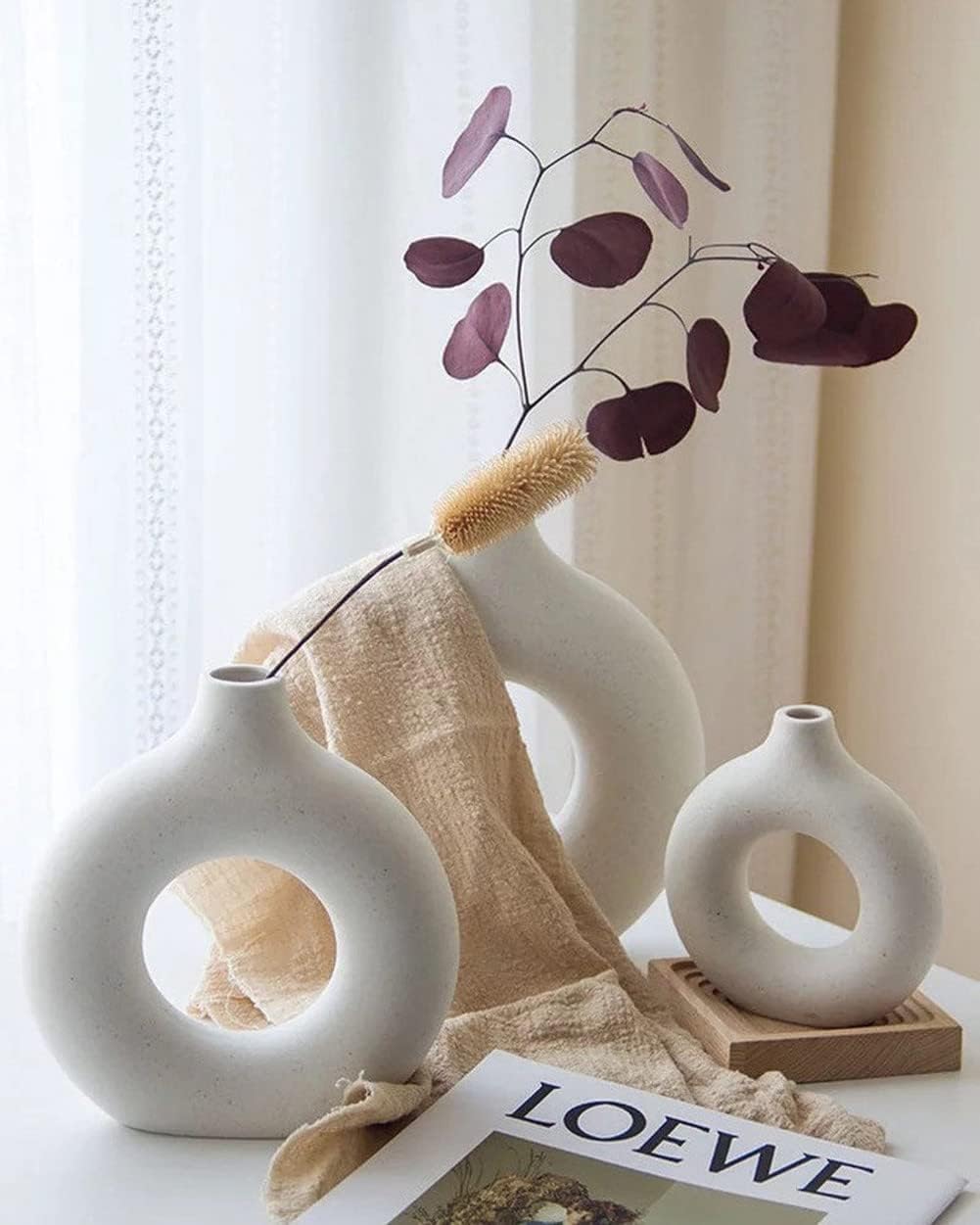 White Circle Ceramic Vase for Decor, Circular Matte Hollow Donut Flower Vases Decorative Minimalist Modern Nordic Boho Style for Home Living Room Office Bedroom Table (H7.5'' × W7.1'')