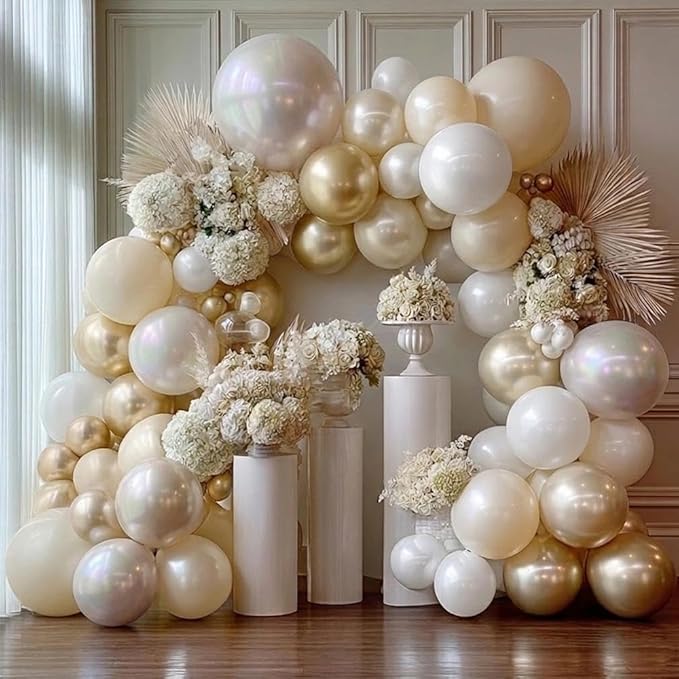 White Gold Balloon Arch Double Stuffed Pearl White Sand Cream Gold Chrome Balloon Garland Kit for Baptism Birthday Baby Shower Wedding Graduation Party Decorations