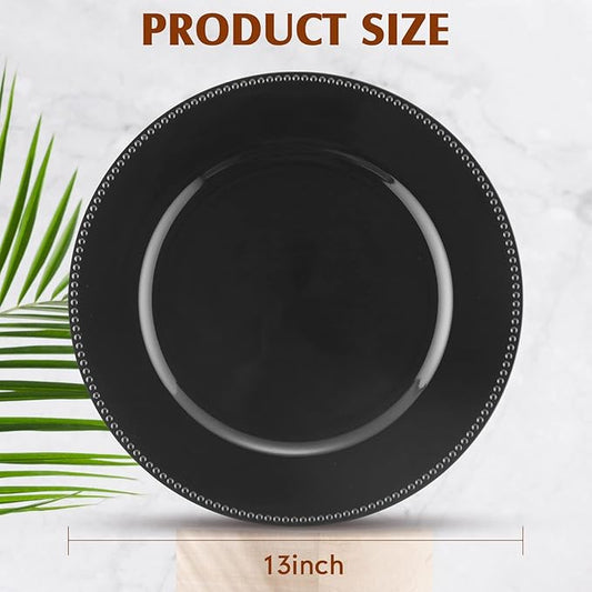 24 Pack Metallic Charger Plates 13inch Round Elegant Serving Plates Plastic Disposable Chargers Bulk Dinnerware Set for Dinner Wedding Party Events Catering Decoration(Black,Beaded Rim)