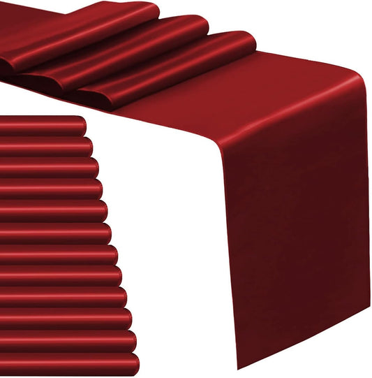 12 Pack Satin Table Runner 12 x 108 Inch Long Satin Table Runners for Wedding Banquet Graduations Birthday Party Decoration (Wine Red)