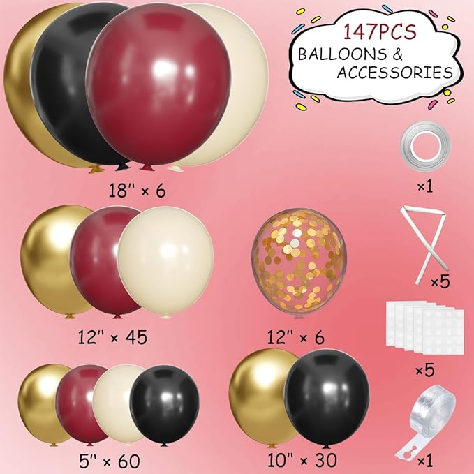 MEBAY Burgundy Black White Gold Balloon Arch Garland Kit, 147PCS Latex Balloons Different Sizes 18 12 10 5 inch for Valentines Wedding Bachelorette Birthday Mothers Day Graduation Party Decoration