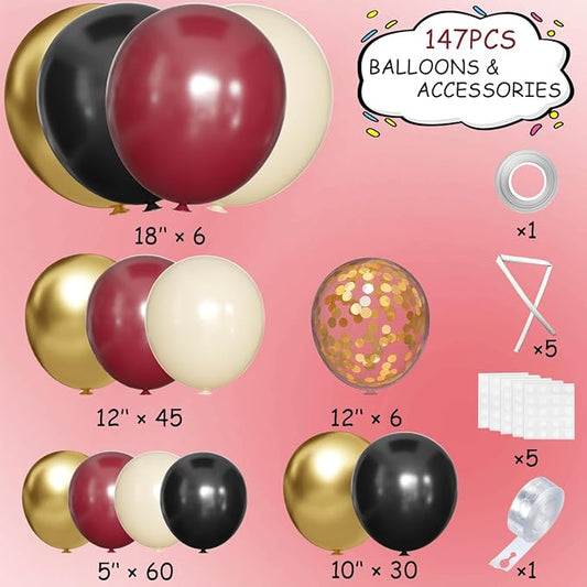 MEBAY Burgundy Black White Gold Balloon Arch Garland Kit, 147PCS Latex Balloons Different Sizes 18 12 10 5 inch for Valentines Wedding Bachelorette Birthday Mothers Day Graduation Party Decoration