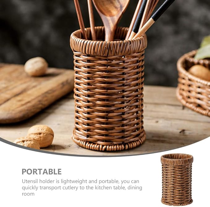 Cabilock Woven Cutlery Holder Utensil Organizer Basket for Kitchen Countertop Tabletop Storage 6.14X4.09X4.09 Inch Lightweight Portable Chopstick Tube for Dining Buffet Party