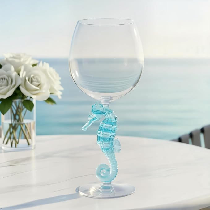 Supreme Housewares Seahorse Stem Wine Glasses, Blue Seahorse-Shaped Reusable Shatterproof Acrylic Glass for Red or White Wine, Poolside, Outdoors, Parties, 18 oz, Set of 2