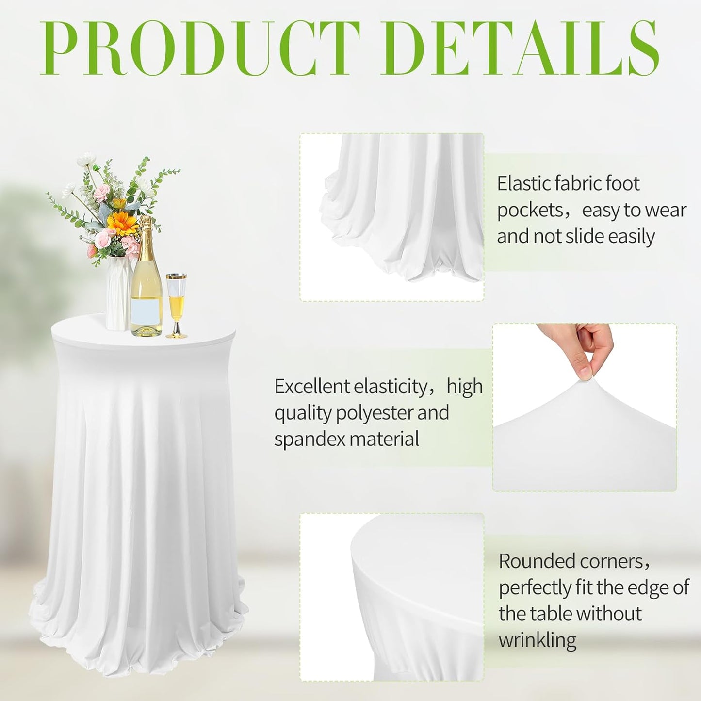 Tegeme 3 Packs 32 x 43 Inch Round Spandex Cocktail Tablecloths with Skirt Cocktail Round Table Cover Spandex Stretch Tablecloth for Fitted High Top Table Bar Wedding Party Banquet (White)