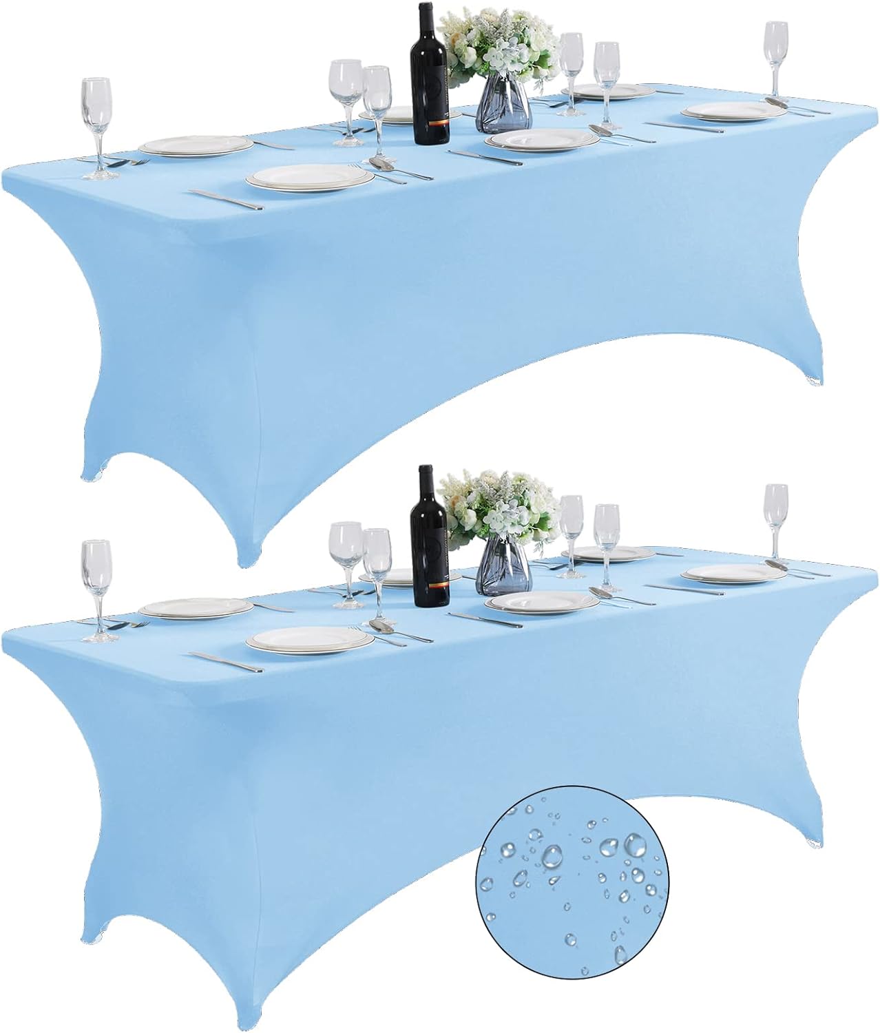 SuperO 2Pack Waterproof Spandex Table Cover for 8FT Table Universal Fitted Stretch Tablecloth for Party, Banquet, Wedding and Events-Blue Mist