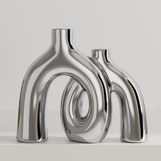 Hug Donut Decorative Vase Set - Silver Vase, Modern Nordic Boho Style Vases Home Decor, Matte Ceramic Decorations for Living Room Shelf, Bookshelf Mantle Entryway Table or Console Décor (Silver)