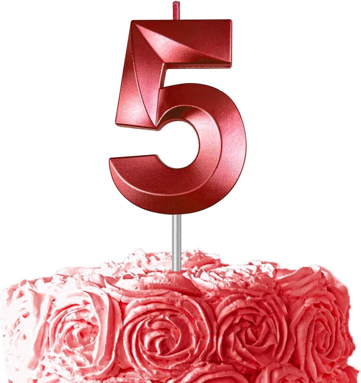 Red Number 5 Candles, 3D Diamond 2.76 Inch Cake Topper Birthday Candles for Wedding Anniversary Cake Decorations, Happy Birthday Party Decorations