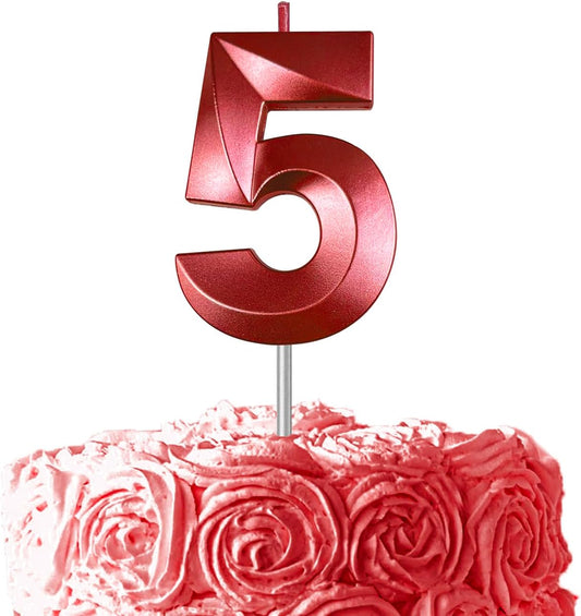 Red Number 5 Candles, 3D Diamond 2.76 Inch Cake Topper Birthday Candles for Wedding Anniversary Cake Decorations, Happy Birthday Party Decorations
