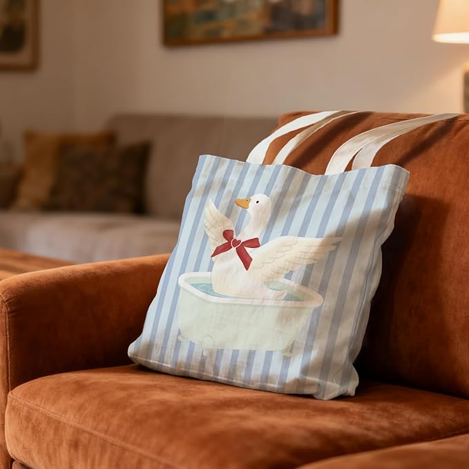 Coquette Red Bow Goose Tote Bag for Women,Funny Wash Goose Canvas Tote Bag,Gifts for Goose Lovers,Blue Striped Aesthetic Reusable Shopping Grocery Bags Party Favors