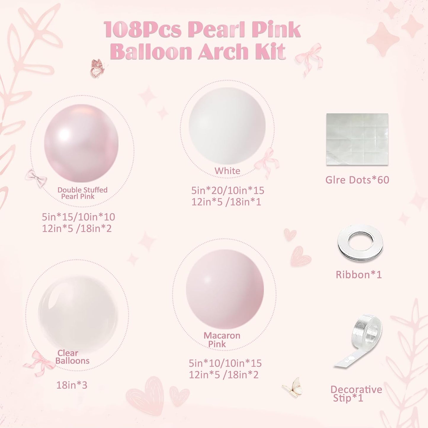 Pink Balloon Arch Kit, 108Pcs Double Stuffed Balloon Arch Garland Kit Include Pearl Pink Macaron Pink White Balloons Clear Balloons for Birthday Wedding Baby Shower Bridal Party Decorations