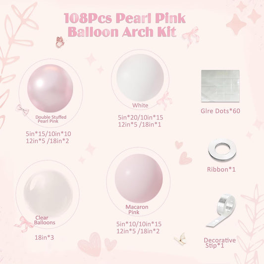 Pink Balloon Arch Kit, 108Pcs Double Stuffed Balloon Arch Garland Kit Include Pearl Pink Macaron Pink White Balloons Clear Balloons for Birthday Wedding Baby Shower Bridal Party Decorations