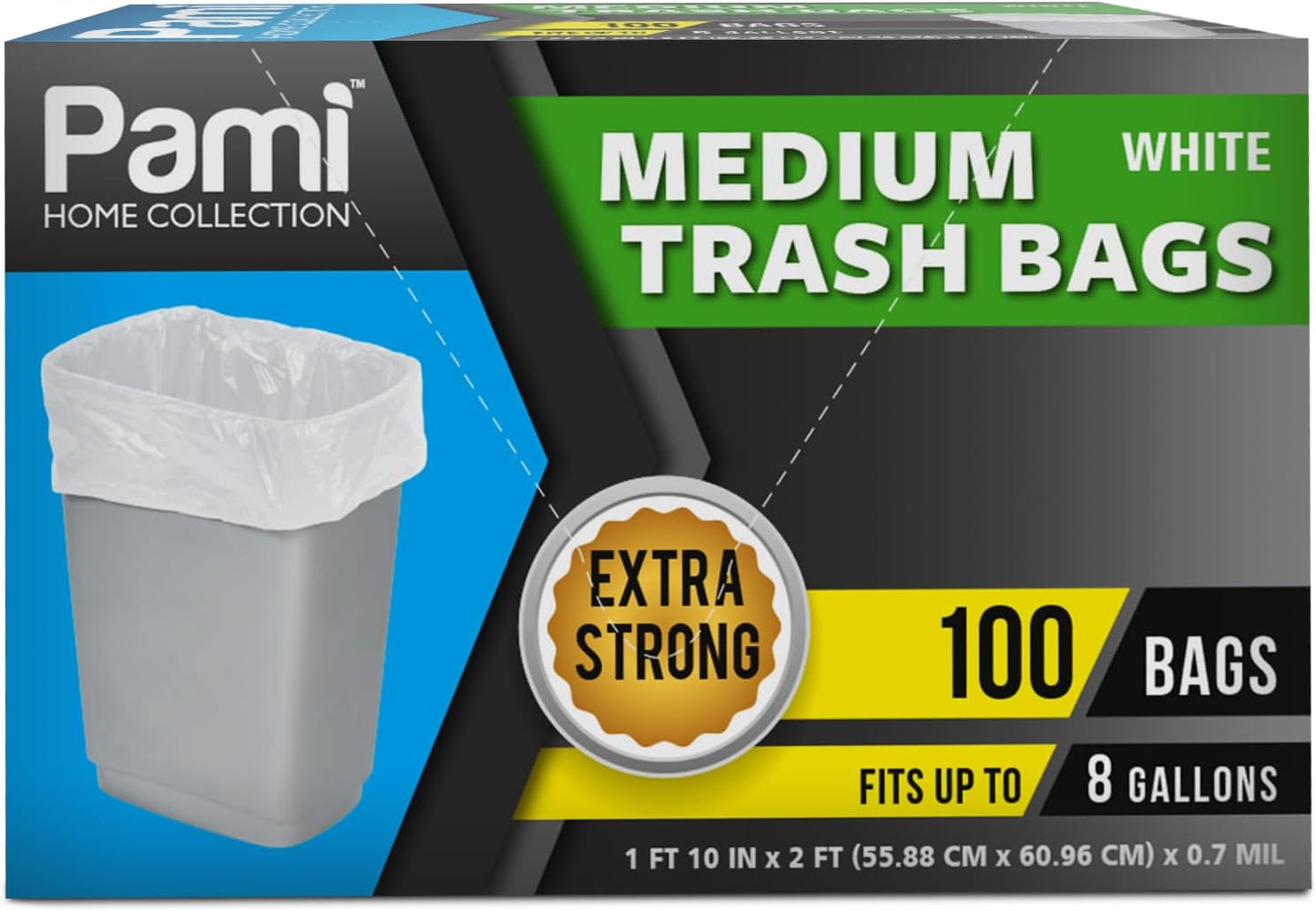 PAMI Medium 8-Gallon Trash Bags 100-Pack, White - Strong Multipurpose Plastic Wastebasket - Unscented Can Liners For Kitchen Bathroom Office-Garbage Bags, 1ft x2ft