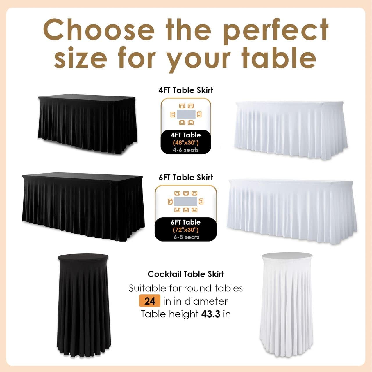 Your Magic Moment Black Round Tablecloth Set of 6, 23.6 Inch Diameter x 43.3 Inch Height, Polyester/Spandex, Fitted, Elegant Wavy, Cocktail Party
