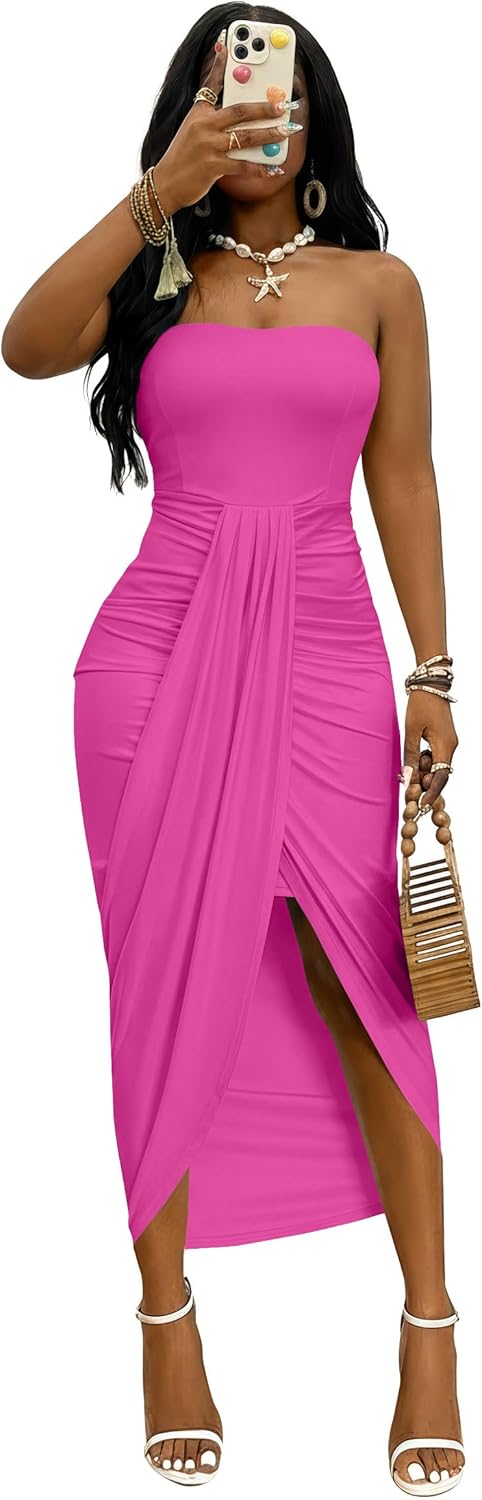 Umenlele Women's Strapless Ruched High Waist Wrap Split Asymmetrical Beach Maxi Long Dress
