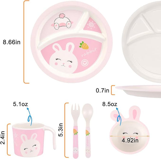 Kids Dinnerware Set, Includes Toddler Plate Bowl Tumbler and Utensils, BPA Free Bamboo Fiber Material Perfect for Little Girls (Pink - Rabbit Theme)