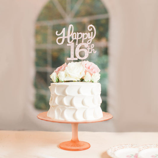 LASKYER Happy 16th Birthday Rose Gold Rhinestone Cake Topper - 16th Birthday/Anniversary,Cheers to Sixteen Years Old Bday Party Metal Sparkly Centerpieces Decorations.