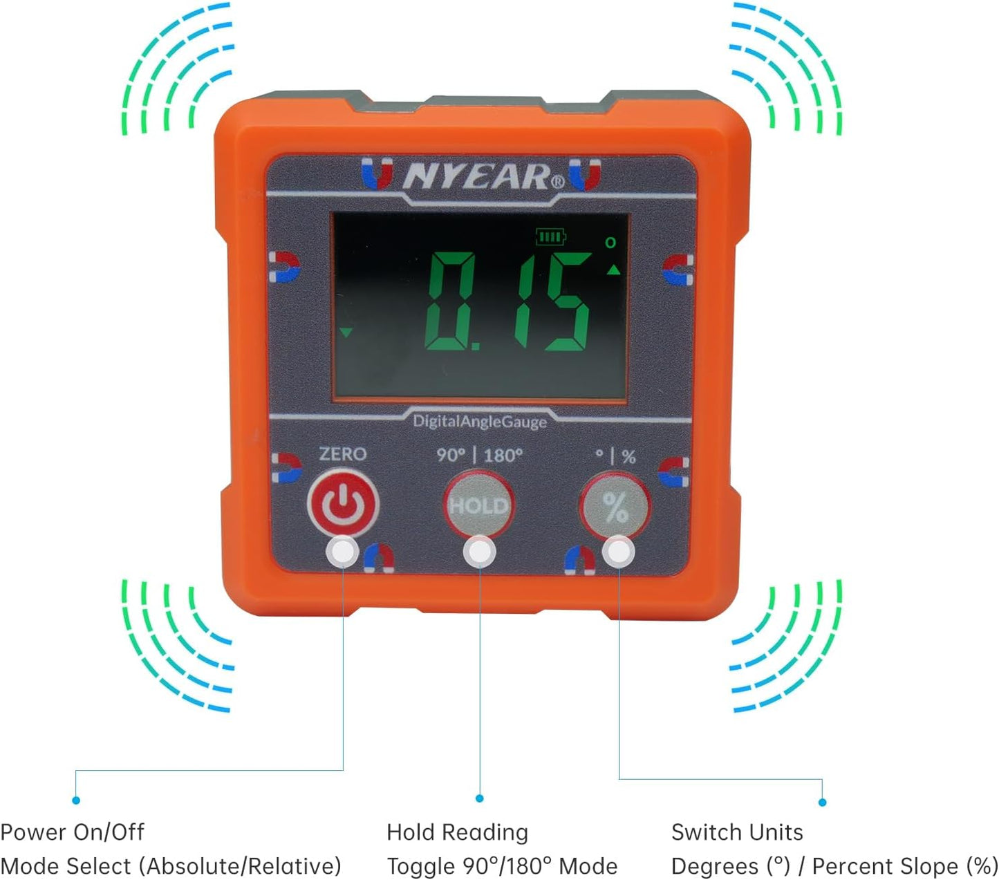 NYEAR Digital Electronic Angle Gauge Type-C Rechargeable, Four sided strong magnet, IP67 waterproof rating, Measures 0-90 and 0-180 Degree Ranges, Measures and Sets Angles or TAN