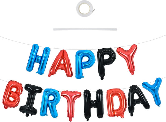 TONIFUL Happy Birthday Balloons with Ribbon Straw, 16 Inch Mylar Letters Birthday Sign Banner Bunting Reusable for Girls Boys Kids & Adults Party Decorations Supplies（Blue Red Black）