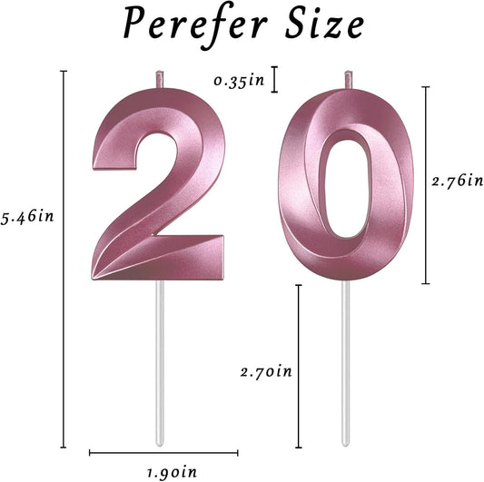 Pink Number 20 Candles, 3D Diamond 2.76 Inch Cake Topper Birthday Candles for Wedding Anniversary Cake Decorations, Happy Birthday Party Decorations