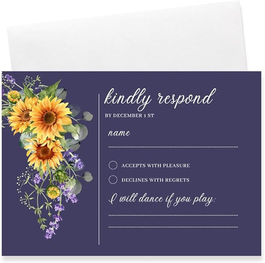 Preprinted Purple and Yellow Sunflower Wedding or Party RSVP Cards, Personalized Response Card Glossy Finish With White Envelopes, Set of 15 with Envelope, 5x3.5 inch Cards (Navy Blue)