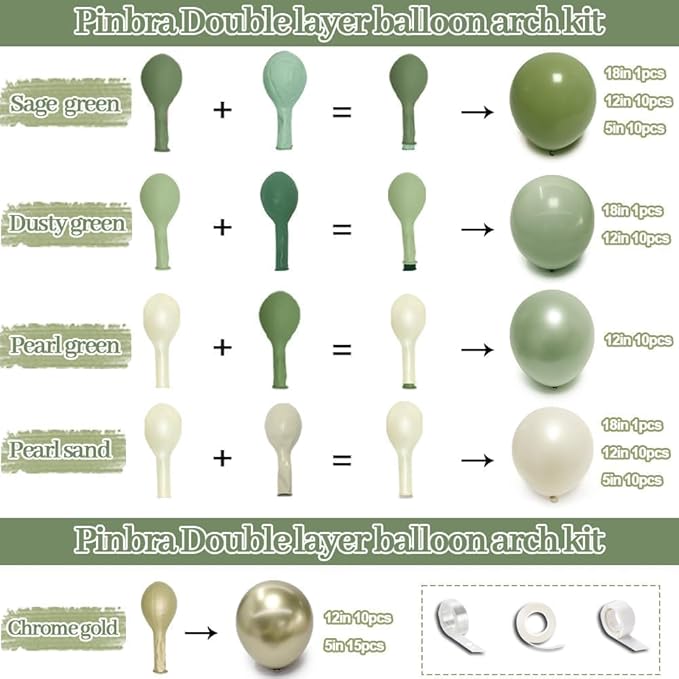 Green White Balloon Garland Double Stuffed Sage Green Gold Pearl White Balloons Arch Kit Dusty Pastel Cream Sand Latex for Christmas Baby Shower Birthday Engagement Party Decorations