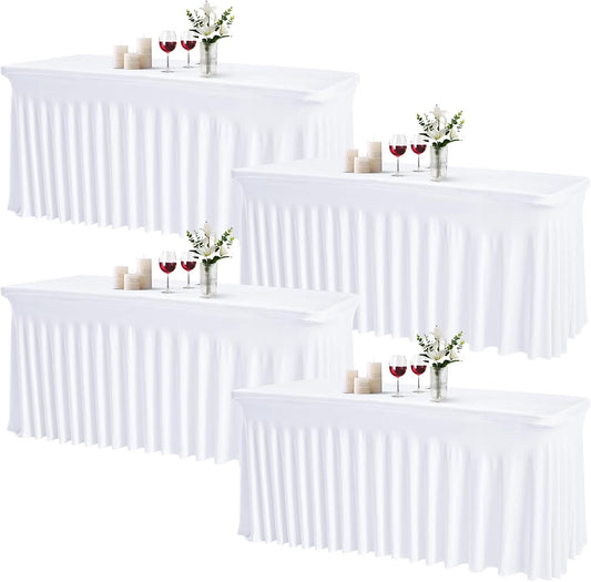 JCJ Table Skirt for Rectangle Tables Set of 4 Spandex Fitted White Tablecloths for 6FT Tables, Wrinkle Resistant Ruffles Elastic Table Cover Skirts for Weddings Teacher Desk Banquets Parties