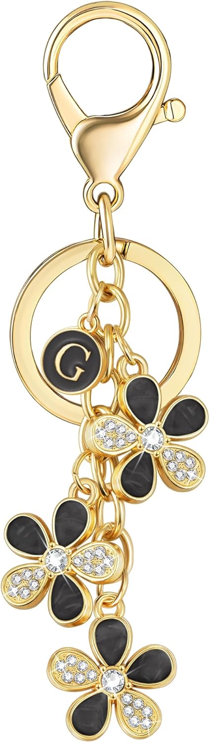 XGALBLA Cute Flower Crystals Rhinestone Initial Letter Keychain for Women, Bag Charms Bling Sparkly Enameled Keychain Handbag