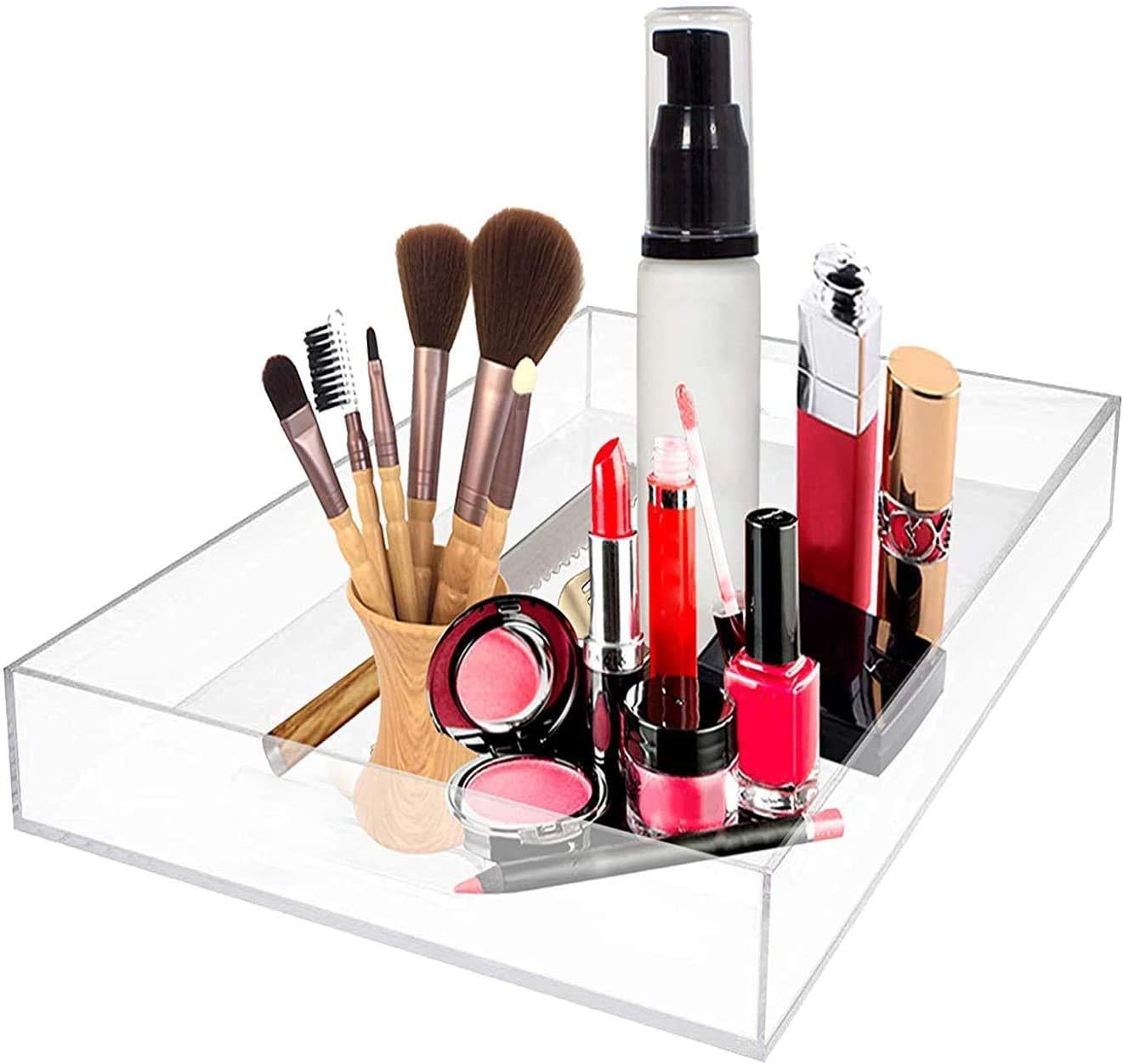 Waterproof Acrylic Serving Tray, Sturdy Thick Nightstand Dresser or Bathroom Vanity Tray Organizer for Change, Coin, Key, Phone, Glasses, Clear Acrylic Storage Valet Organizer