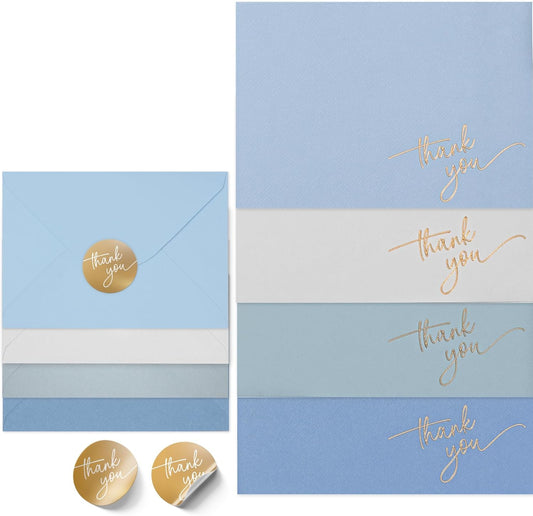 Gold Foil Thank You Cards - Bulk Pack of 40, 5x3.5 Inch with Matching Stickers & Envelopes (Blue) Textured Surface for a Unique Feel - Suitable for Baby Shower, Wedding, Small Business, Graduation