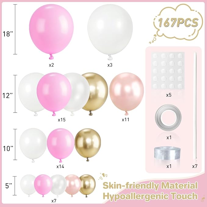 Pastel Pink White and Gold Balloons Garland Arch Kit, 167Pcs Latex Balloons Different Sizes 18 12 10 5 inch for Girl Birthday Baby Shower Graduation Wedding Party Decoration
