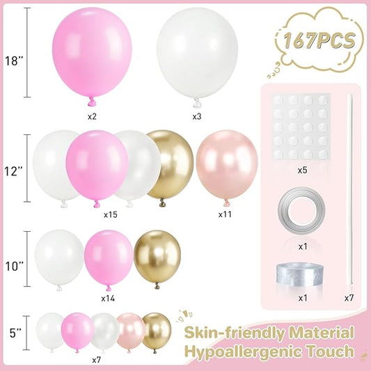 Pastel Pink White and Gold Balloons Garland Arch Kit, 167Pcs Latex Balloons Different Sizes 18 12 10 5 inch for Girl Birthday Baby Shower Graduation Wedding Party Decoration